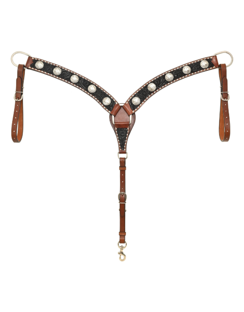 Rafter T Ranch Company Breast Collar with Floral Carving, Black Wash, TT Finish, Bull Concho & White Buckstitch
