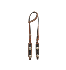 Rafter T Ranch Company One Ear Headstall with Floral Carving, Black Wash, TT Finish, Bull Concho & White Buckstitch