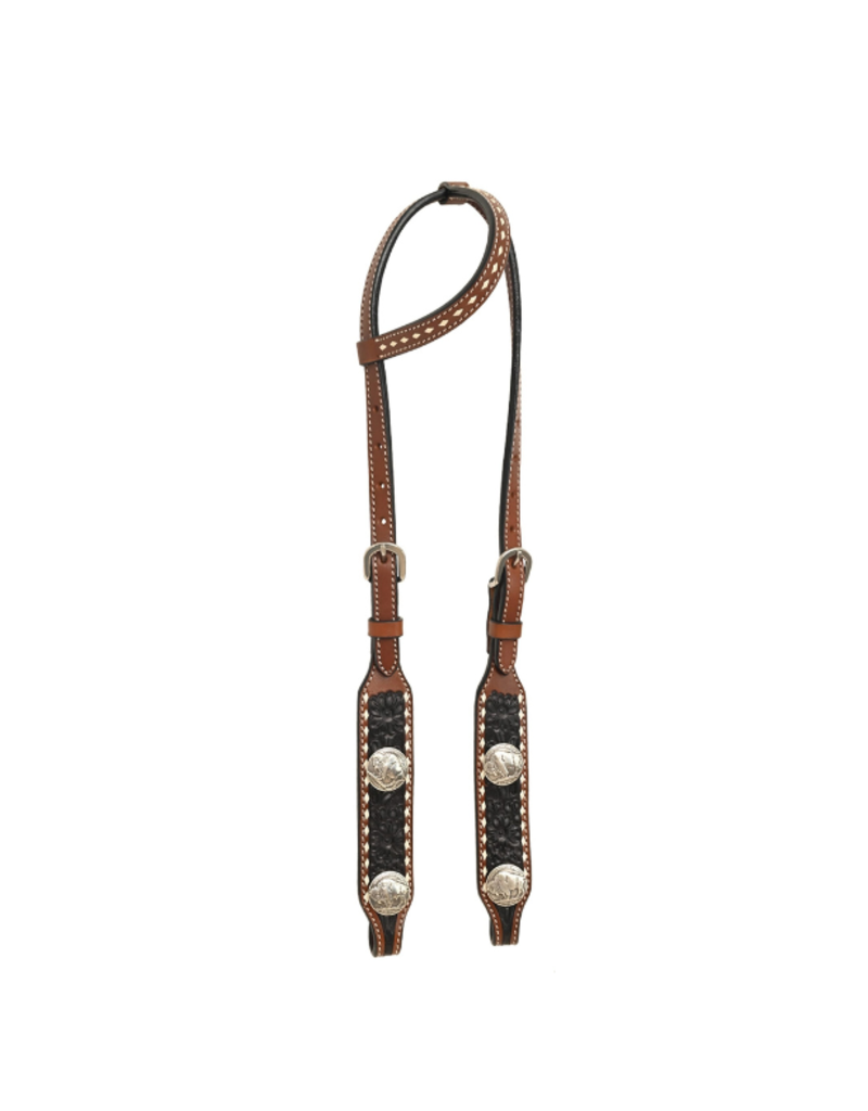 Rafter T Ranch Company One Ear Headstall with Floral Carving, Black Wash, TT Finish, Bull Concho & White Buckstitch
