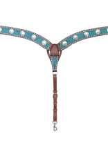 Rafter T Ranch Company Breast Collar with Floral Carving, Turquoise Wash, TT Finish, Bull Concho & White Buckstitch