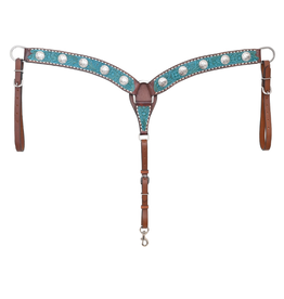 Rafter T Ranch Company Breast Collar with Floral Carving, Turquoise Wash, TT Finish, Bull Concho & White Buckstitch