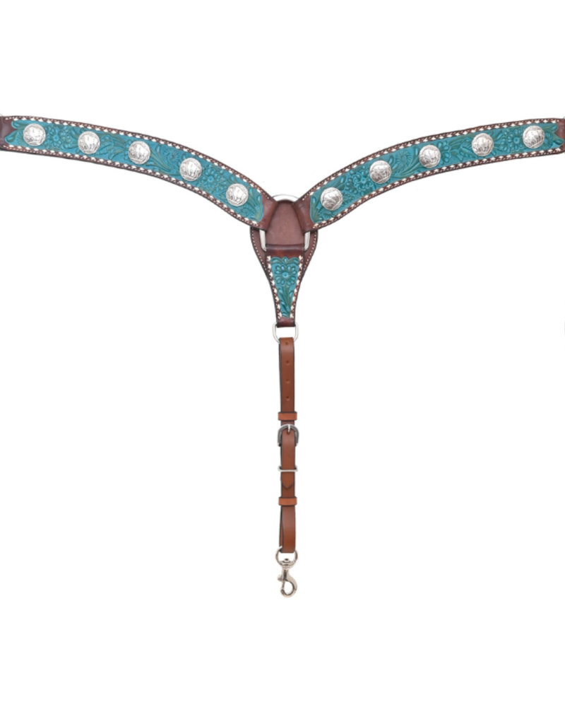 Rafter T Ranch Company Breast Collar with Floral Carving, Turquoise Wash, TT Finish, Bull Concho & White Buckstitch