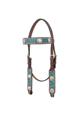 Rafter T Ranch Company Browband Headstall with Floral Carving, Turquoise Wash, TT Finish, Bull Concho & White Buckstitch