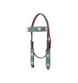 Rafter T Ranch Company Browband Headstall with Floral Carving, Turquoise Wash, TT Finish, Bull Concho & White Buckstitch
