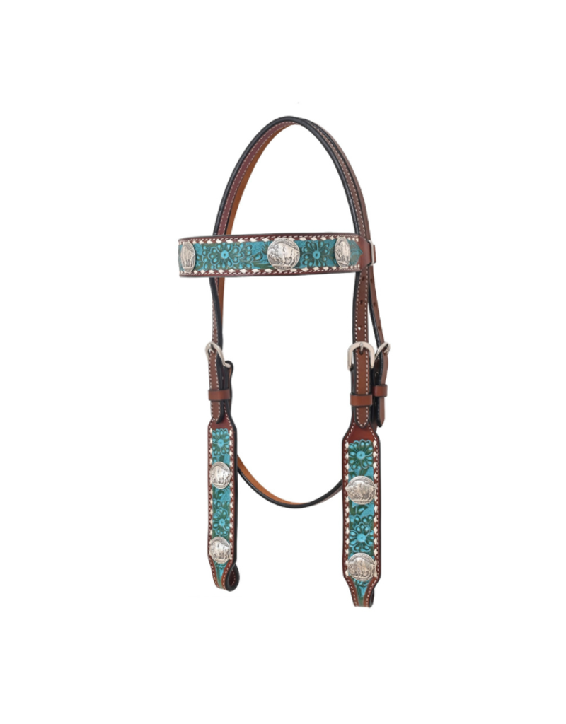 Rafter T Ranch Company Browband Headstall with Floral Carving, Turquoise Wash, TT Finish, Bull Concho & White Buckstitch