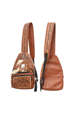 Rafter T Ranch Company Sling Bag With Floral Carving, Brown & White Hair On, TT Finish & White Buckstitch. 13″ X 8″ X 2″
