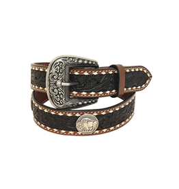 Rafter T Ranch Company 1.5″ Belt with Floral Carving, Black Wash, TT Finish, Bull Concho & White Buckstitch.