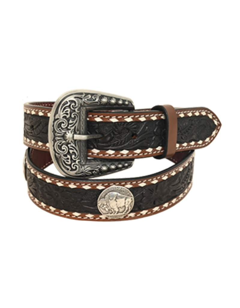 Rafter T Ranch Company 1.5″ Belt with Floral Carving, Black Wash, TT Finish, Bull Concho & White Buckstitch.