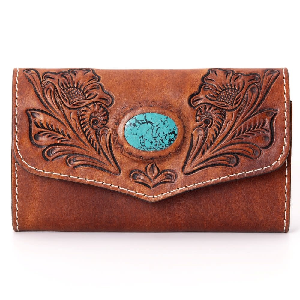 American Darling Hand Tooled Turquoise Stone Wallet - Gold Buckle Tack