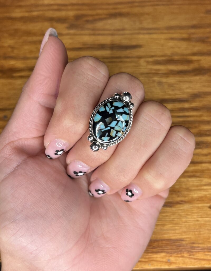 Boho Sol Mosaic Onyx/Turquoise Chip Adjustable Ring