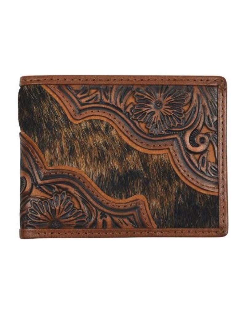 Justin Lg Bifold Wallet w/Floral Tooling Brindle Hair