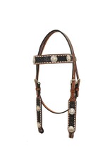 Rafter T Ranch Company Browband Headstall w/ Floral Carving, Black Wash, TT Finish, Bull Concho & White Buckstitch