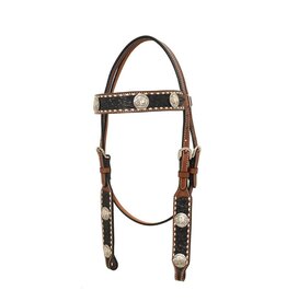 Rafter T Ranch Company Browband Headstall w/ Floral Carving, Black Wash, TT Finish, Bull Concho & White Buckstitch