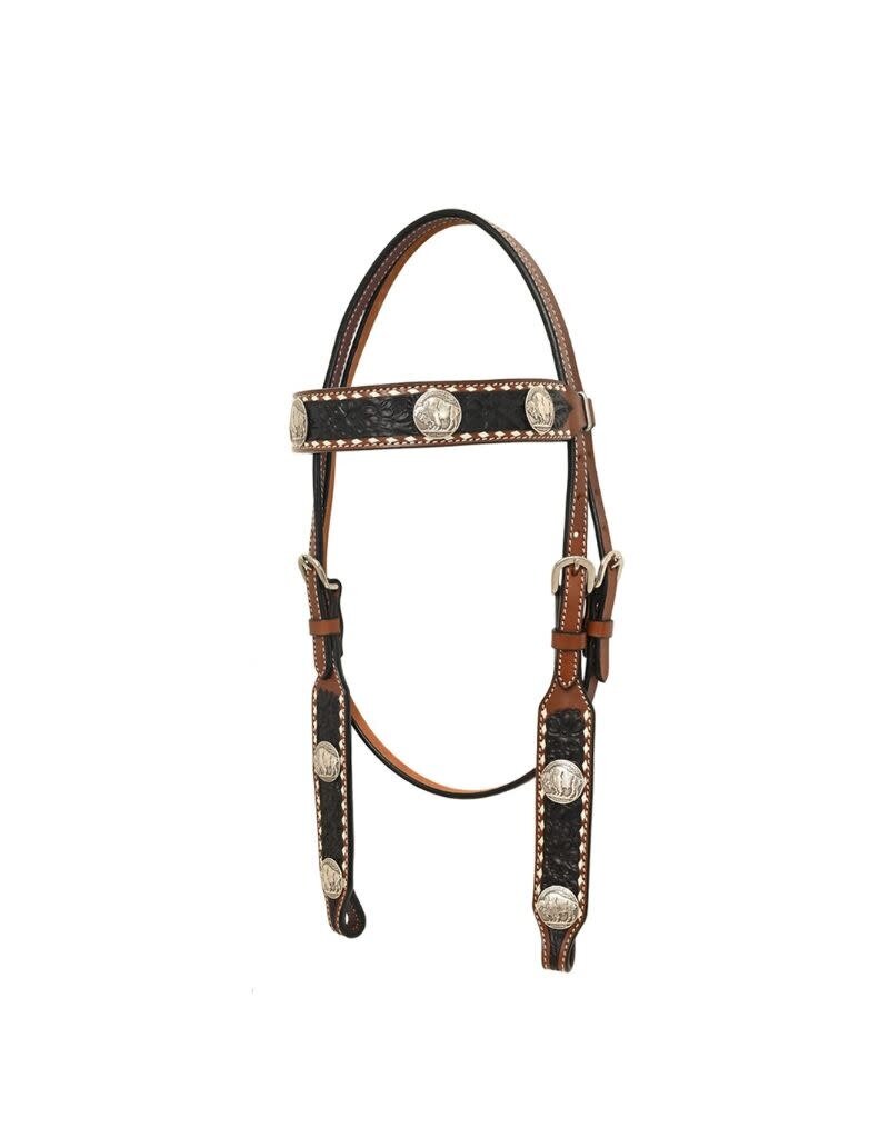 Rafter T Ranch Company Browband Headstall w/ Floral Carving, Black Wash, TT Finish, Bull Concho & White Buckstitch