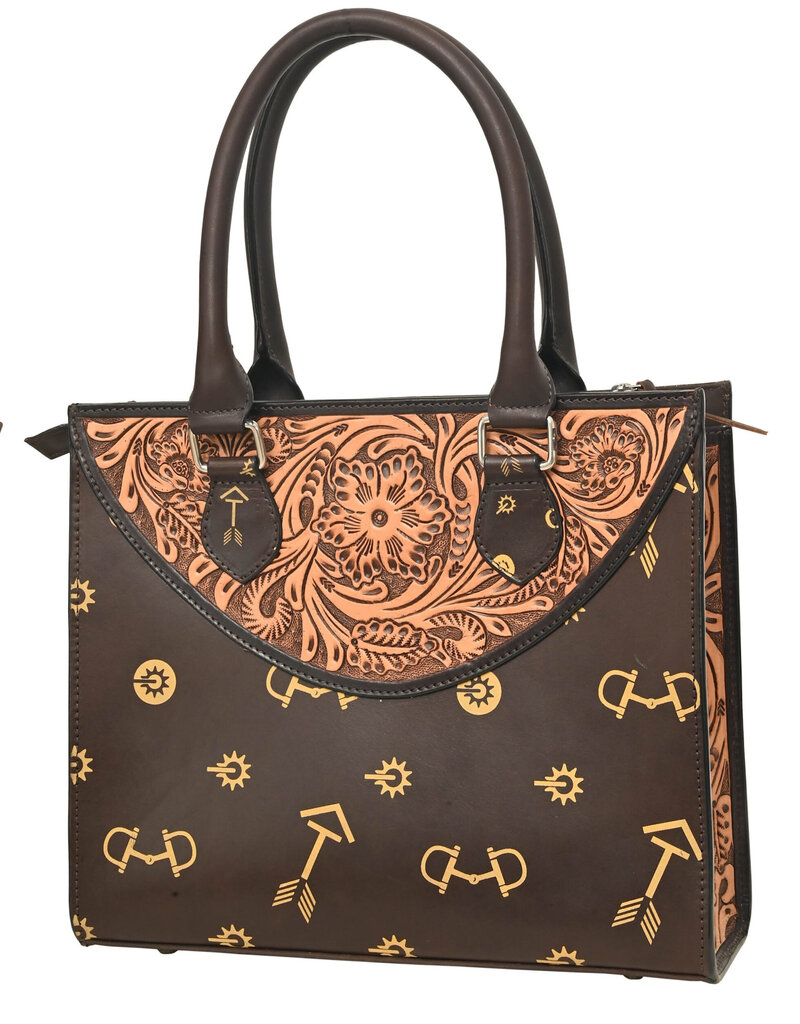 Rafter T Ranch Company Tote Hand Bag w/Floral Carving/Tan Arrows
