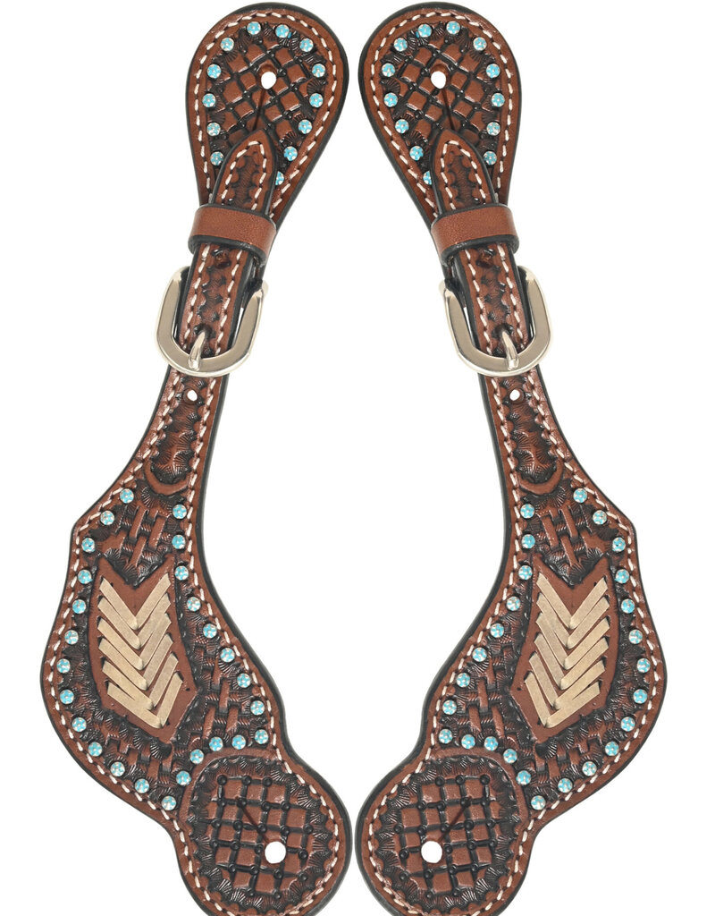 Rafter T Ranch Company Spur strap w/Basket Tooling, Rawhide/Turq