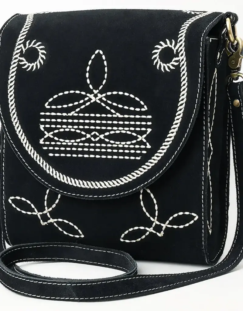 American Darling Black Suede Crossbody  w/white stitching