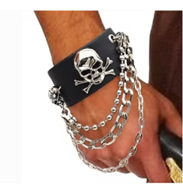 HM Smallwares Leatherlike Skull Wristband with Chain