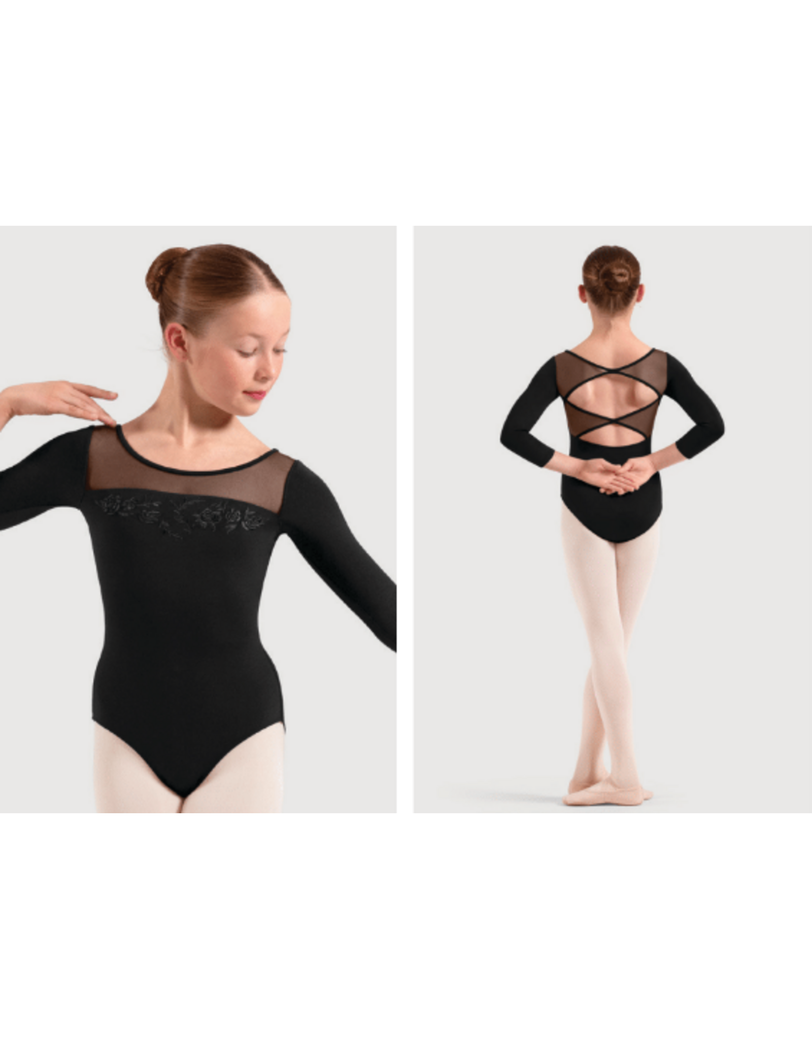 Mirella Children's Floral Embroidered Detail 3/4 Sleeve Leotard - Black -12