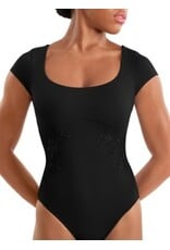 Mirella Floral Embroidered Detail Cap Sleeve Leotard - Black