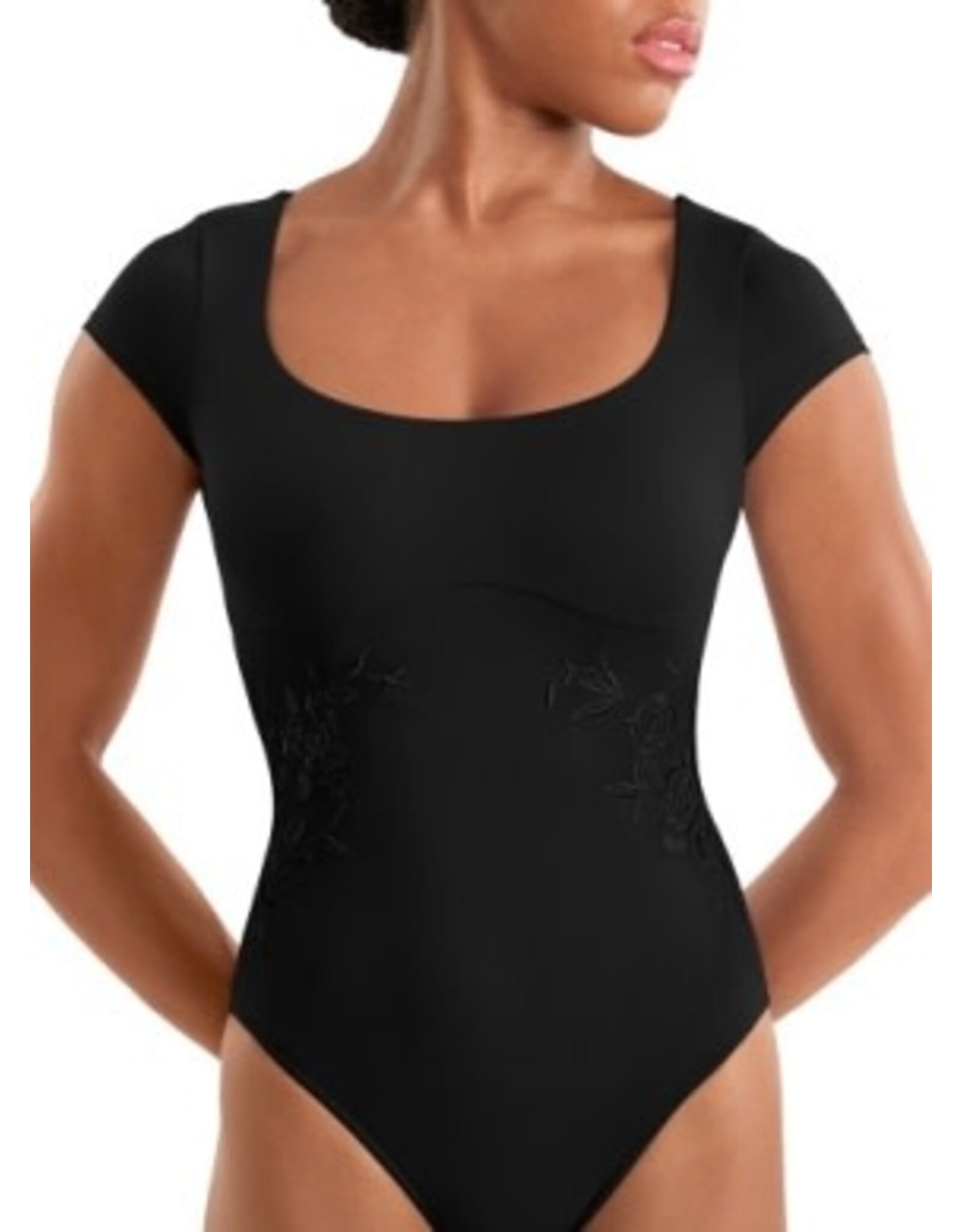 Mirella Floral Embroidered Detail Cap Sleeve Leotard - Black