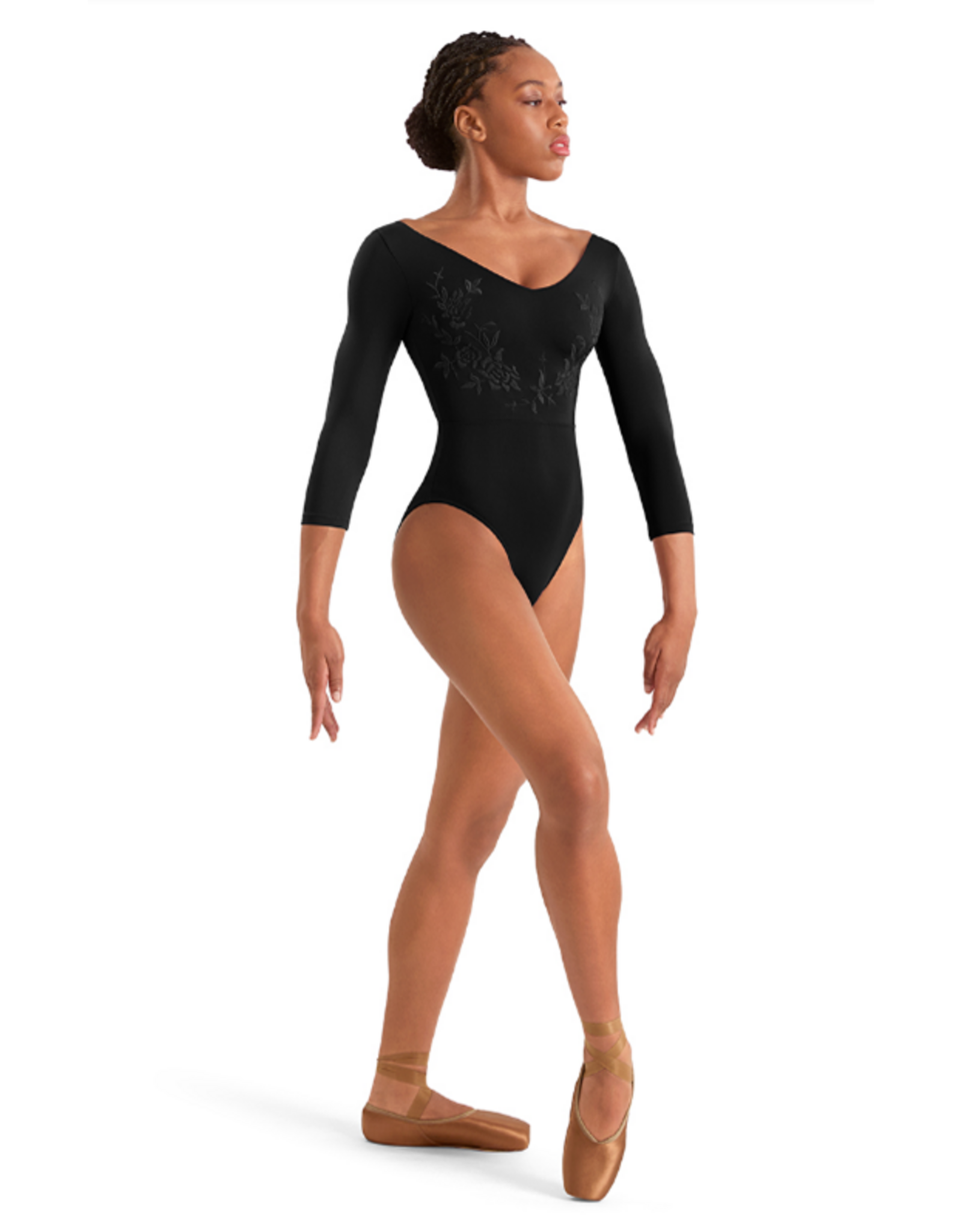 Mirella V-Neck Embroidered 3/4 Sleeve Leotard - Petite