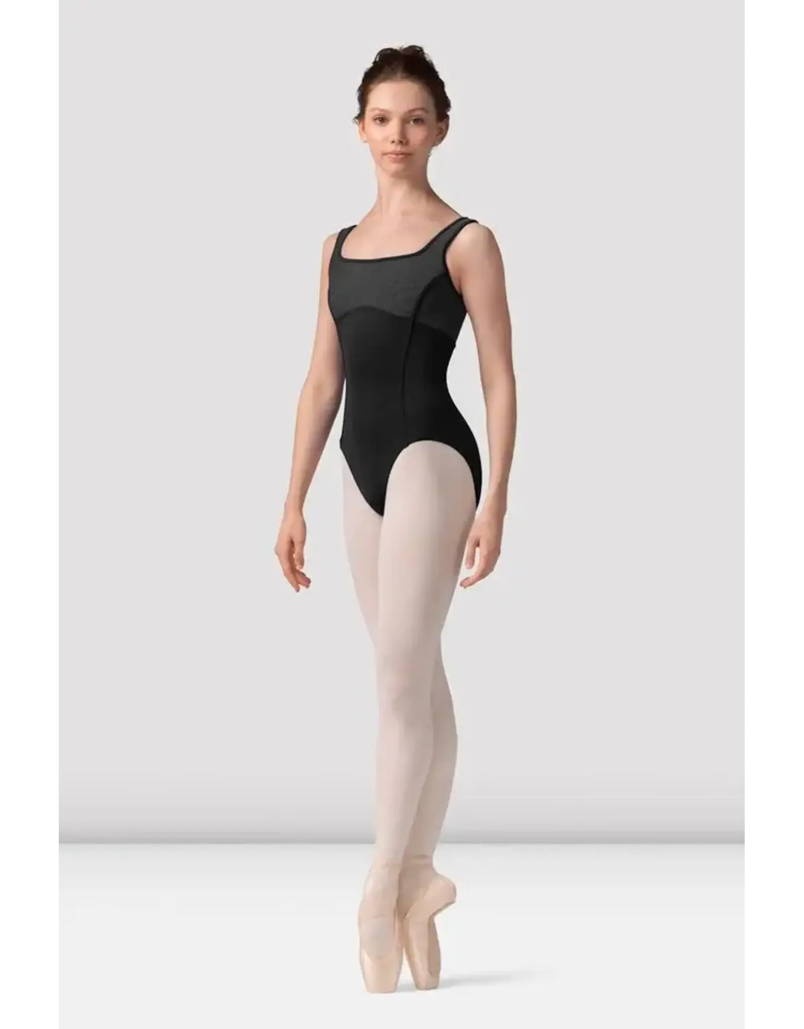 Mirella Square Neck Tank Leotard with Striped Bodice BLACK
