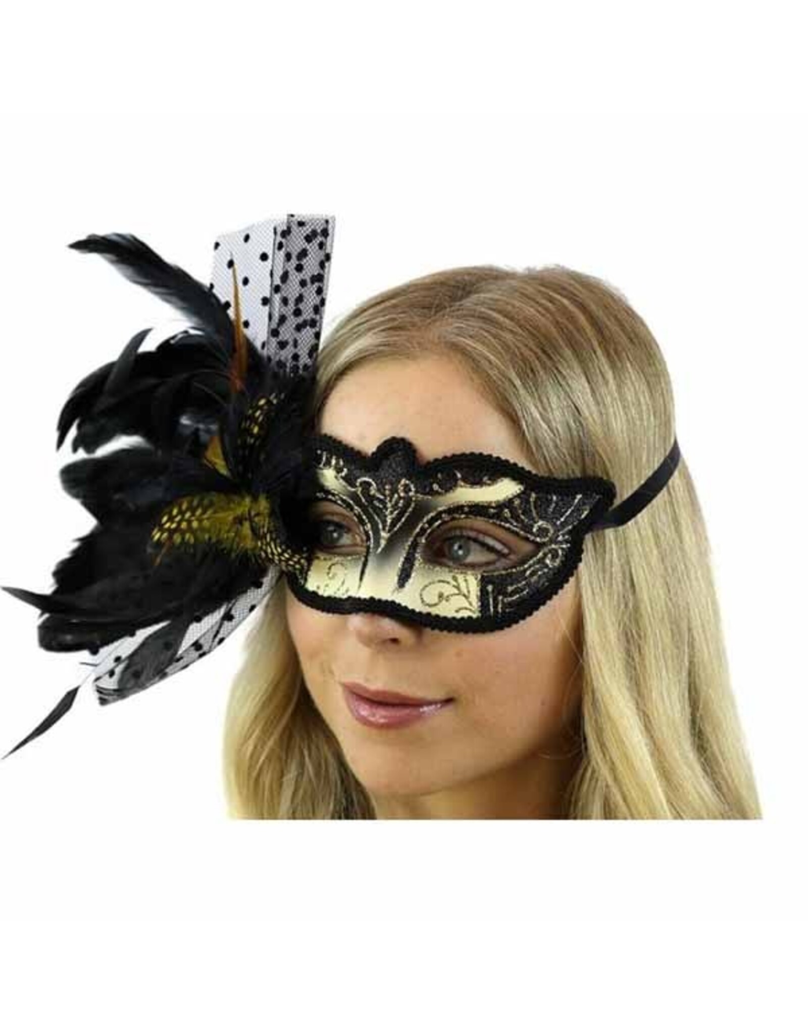 KBW Feather Masquerade Mask Black Gold