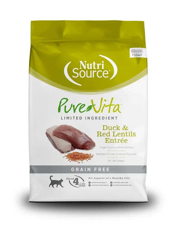 NutriSource PureVita Sans grains nourriture sèche pour chats Canard et lentilles