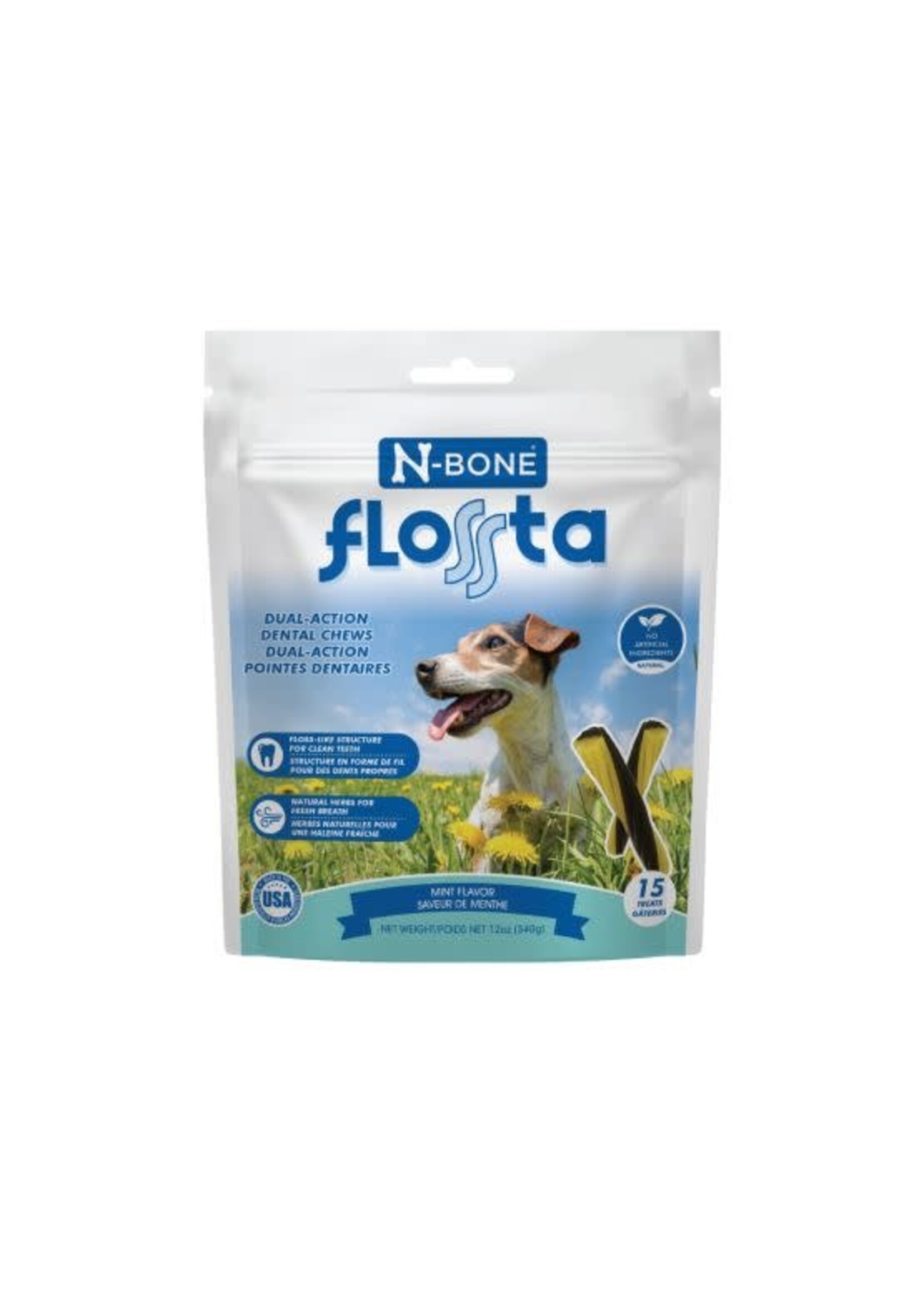 N-bone N-BONE FLOSSTA GÂTERIE DENTAIRE À MÂCHER À DOUBLE ACTION, SAVEUR DE MENTHE, SAC DE 15un/12oz (CS=24)