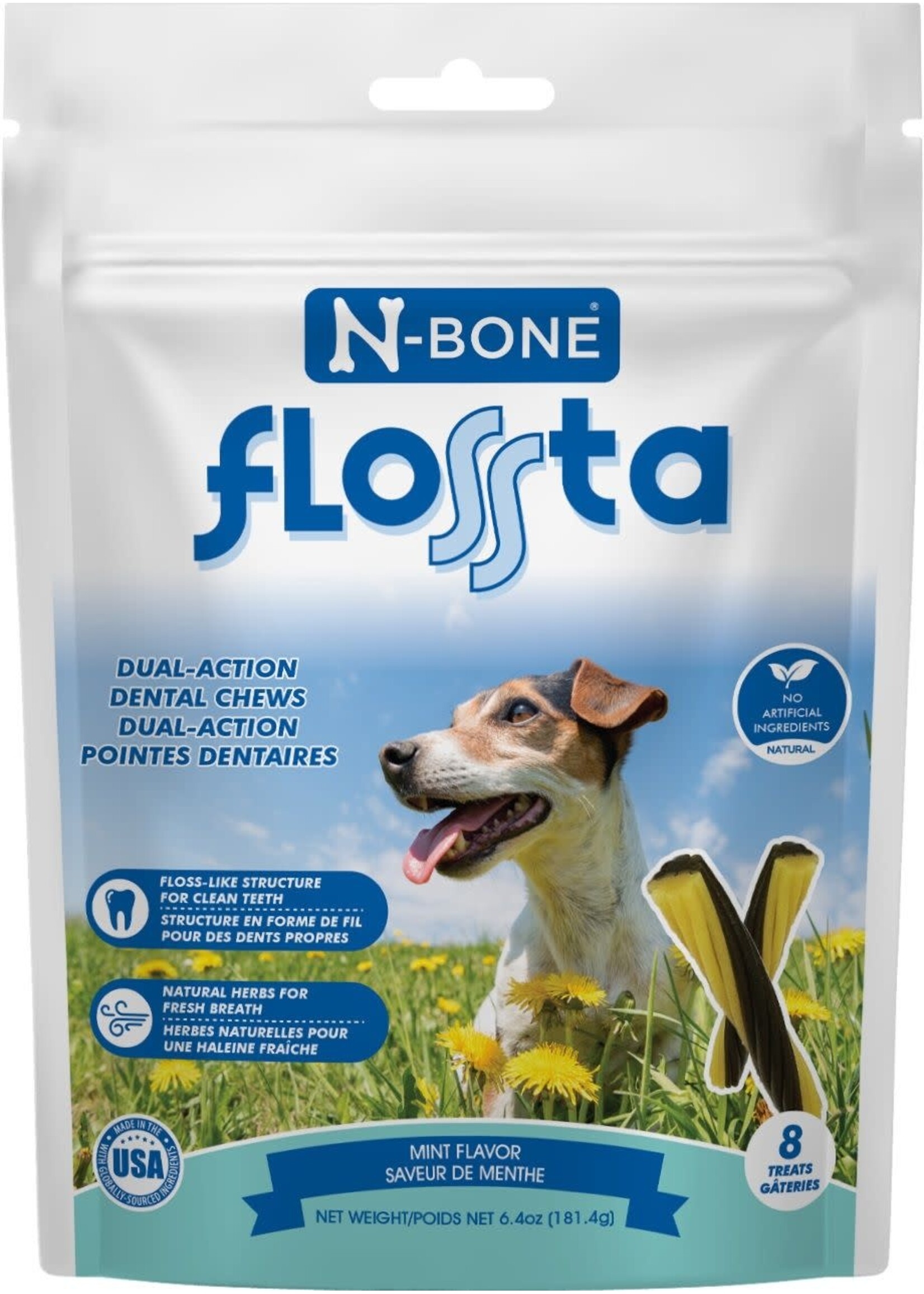 N-bone N-BONE FLOSSTA GÂTERIE DENTAIRE À MÂCHER À DOUBLE ACTION, SAVEUR DE POULET, SAC DE 8un/6.4oz (CS=24)