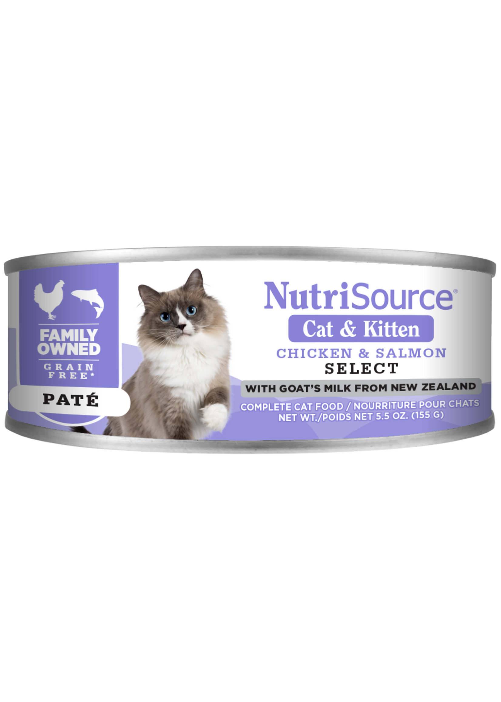 nutri source NS®️ Conserve Chat, Poulet et Saumon Sélect + lait de chèvre, pâté 155g