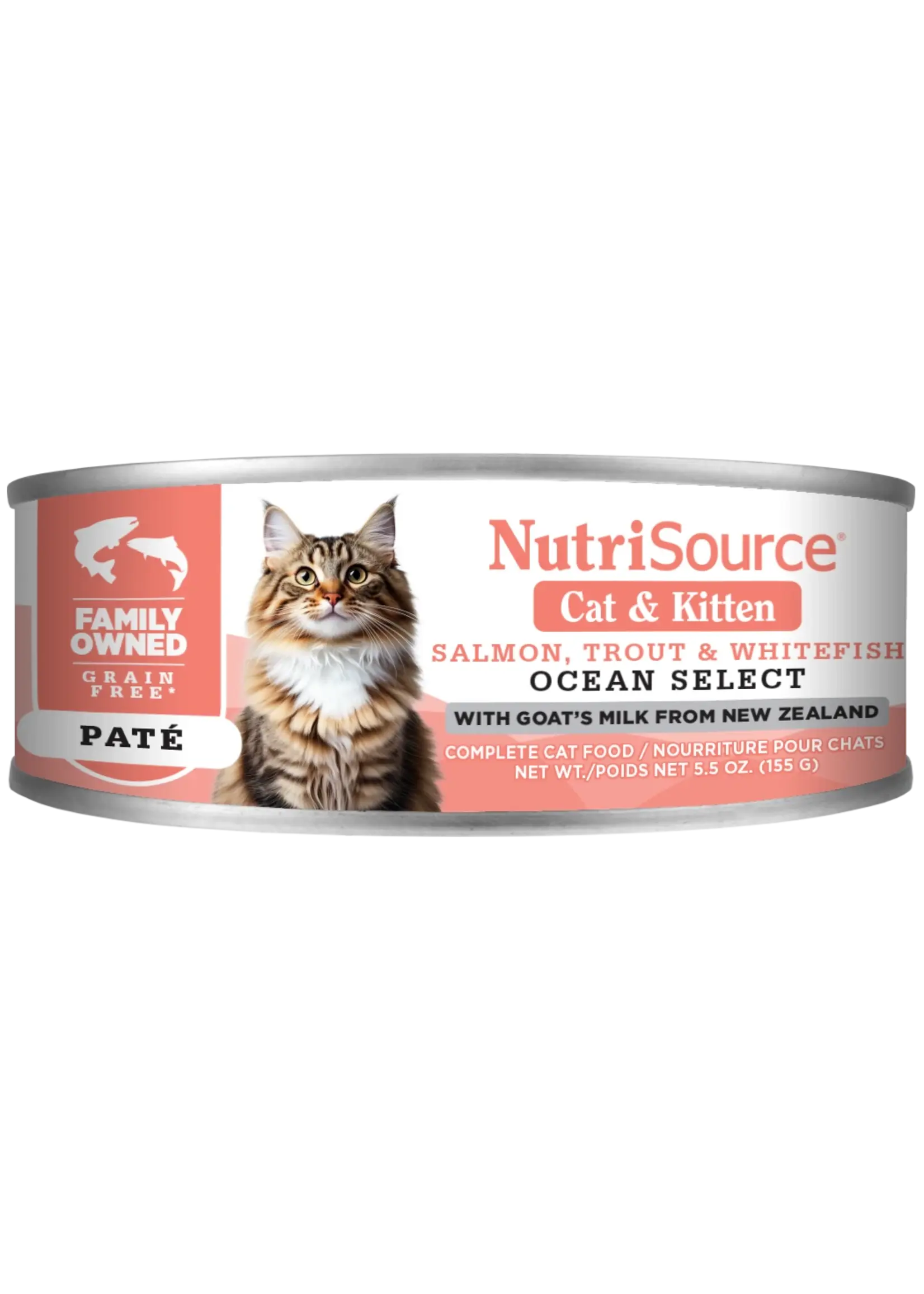 nutri source NS®️ Conserve Chat, Océan sélect, Saumon-Truite-Poisson blanc, + lait de chevre,pâté,  155g