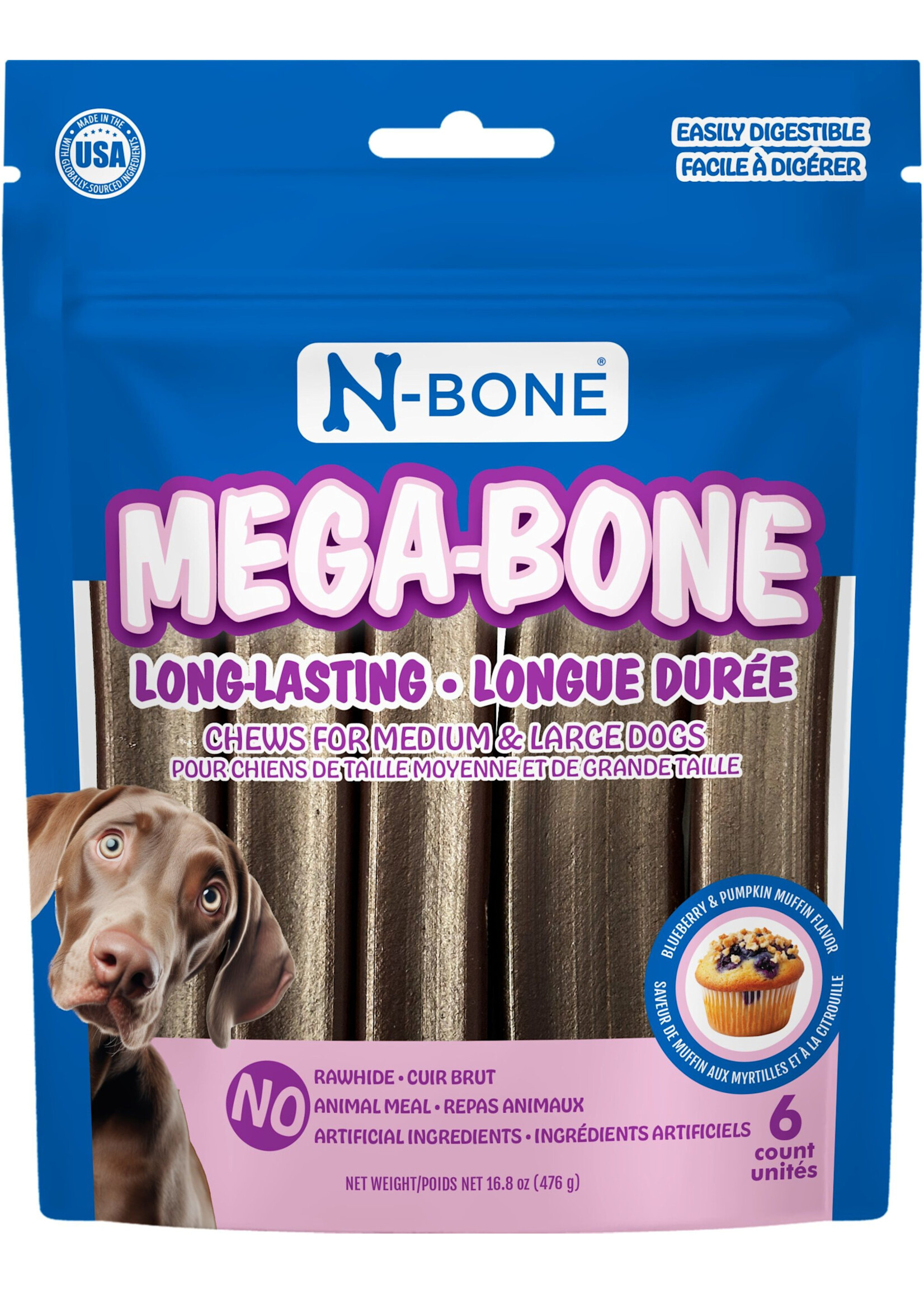 N-bone N-bone Mega-bone Bâtonnet à Mâcher Longue Durée, Muffin Bleuet Et Citrouille (pqt 6) 16.8oz