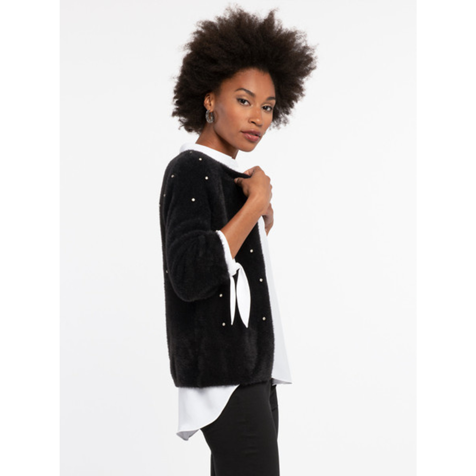 Black Fuzzy Cardigan w/ Rhinestone Embellishment