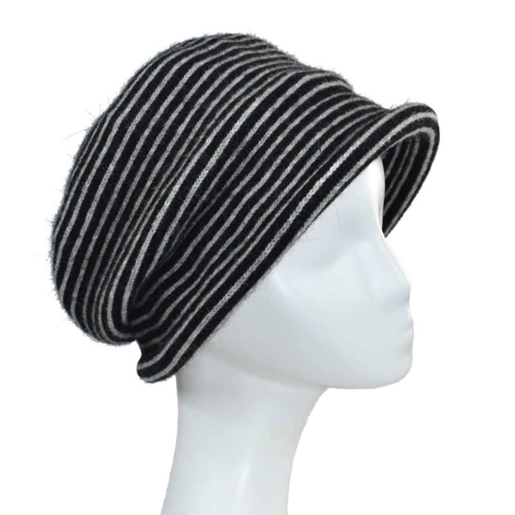Esposito Wool Angora Striped Roll Brim Hat in Blk/Gray
