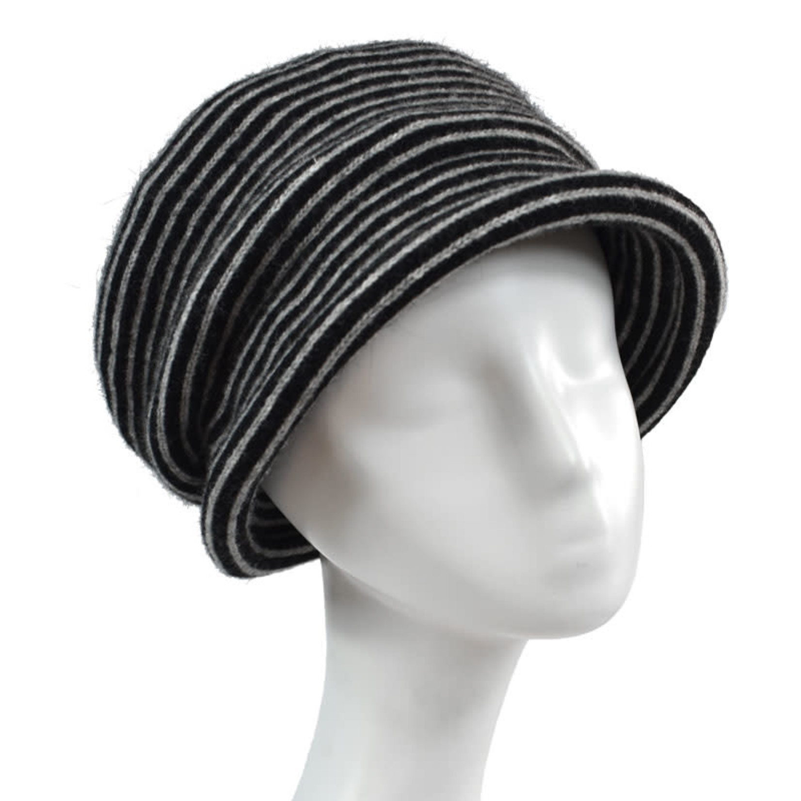Esposito Wool Angora Striped Roll Brim Hat in Blk/Gray