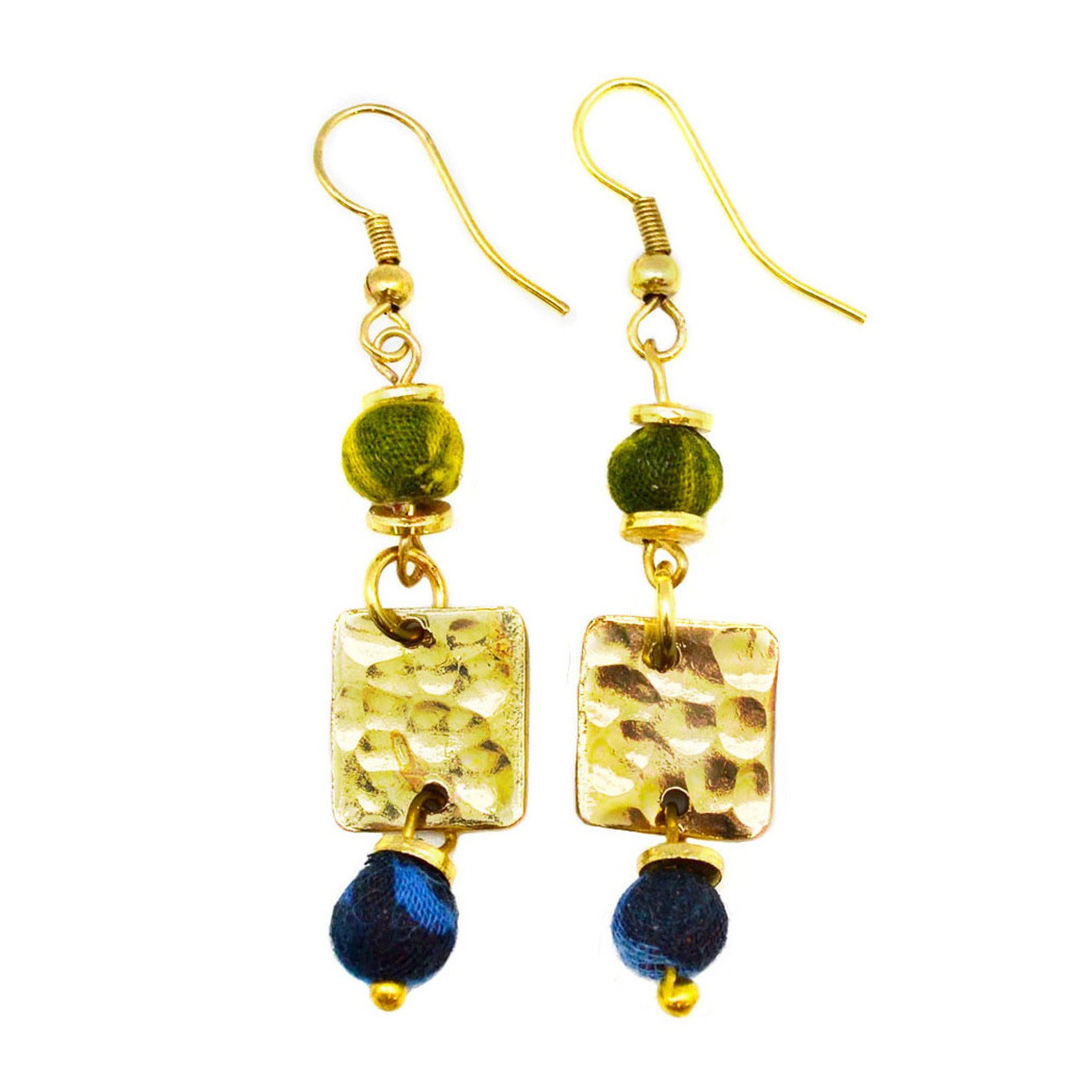 Earrings/Gold Square w/Silk Saree Covered Beads