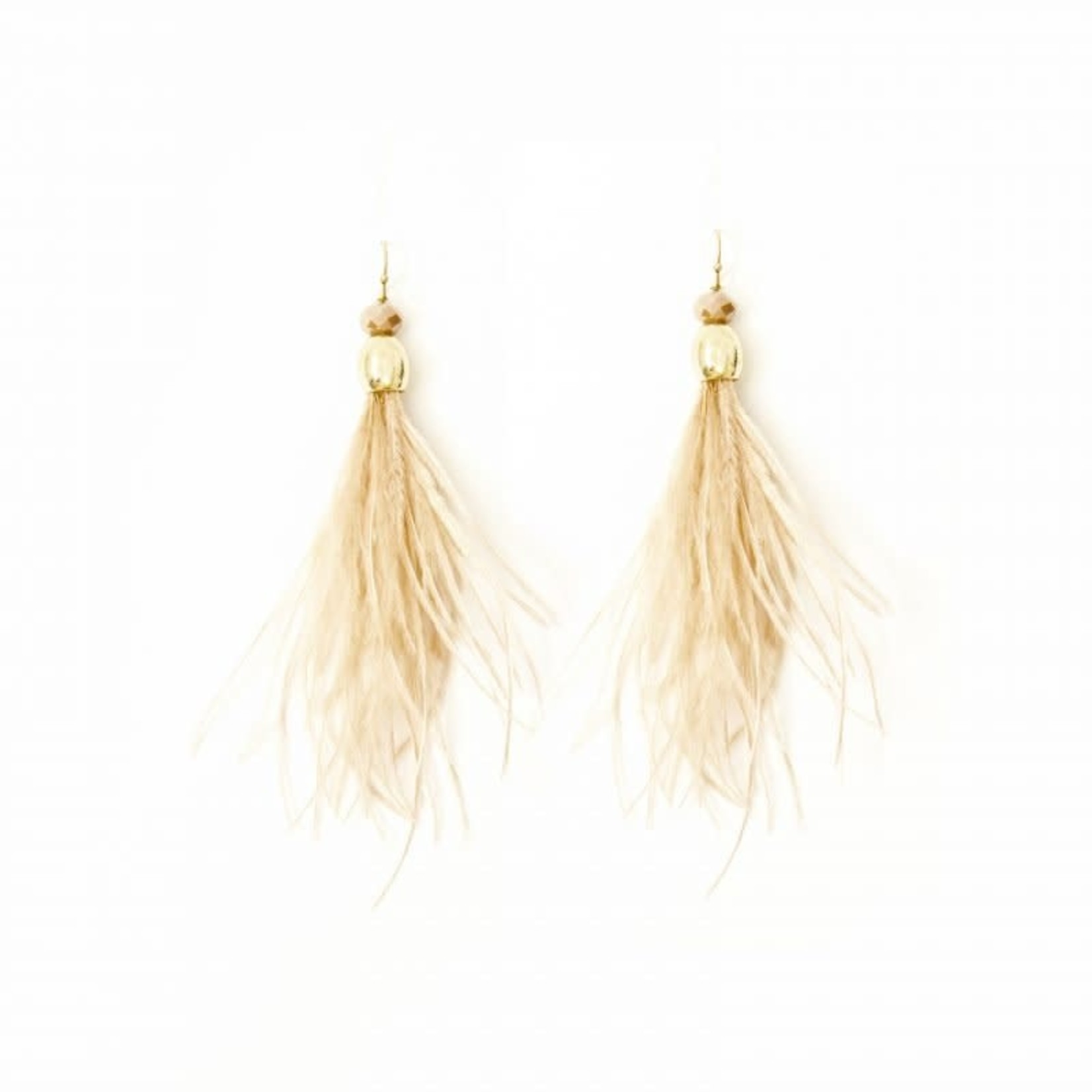 Beige Feather Earrings w/Crystal & Gold bead