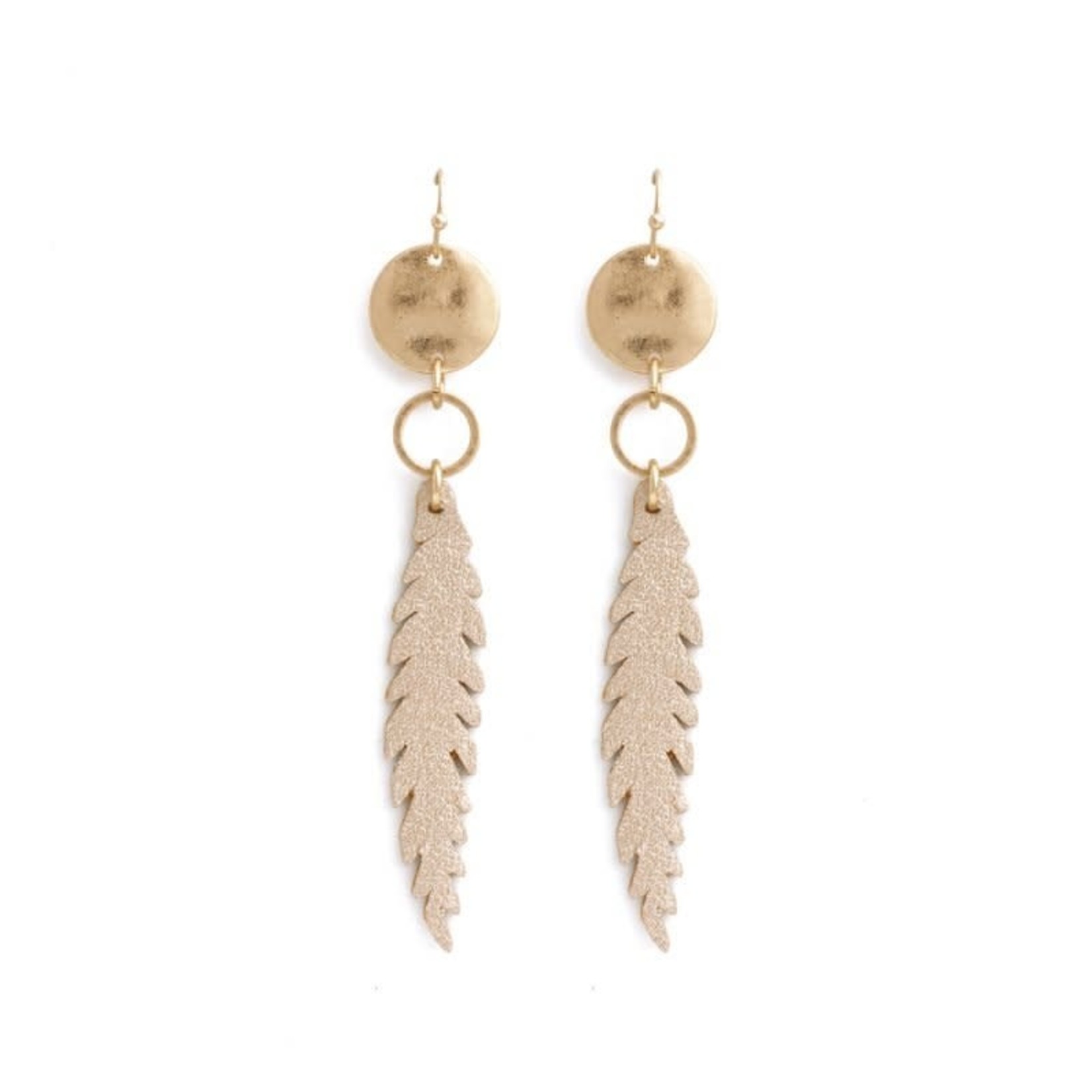 Gold Pleather Feather/Disc Earrings