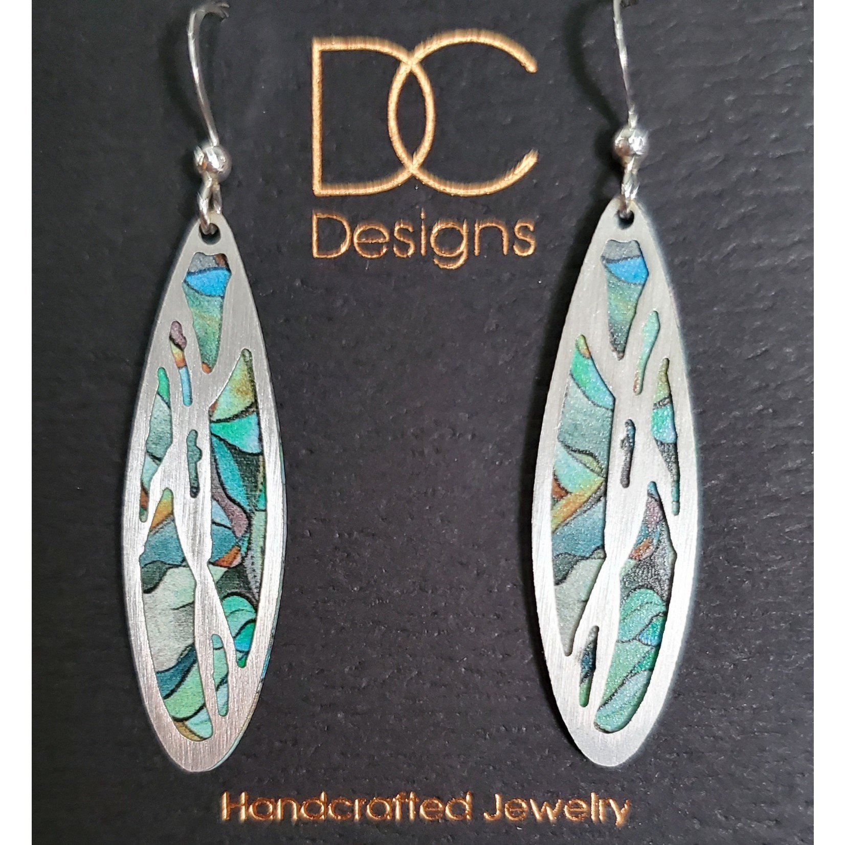 Illustrated Light Long Oval Silver Disc w/ Giclee’ Earrings Turquoise