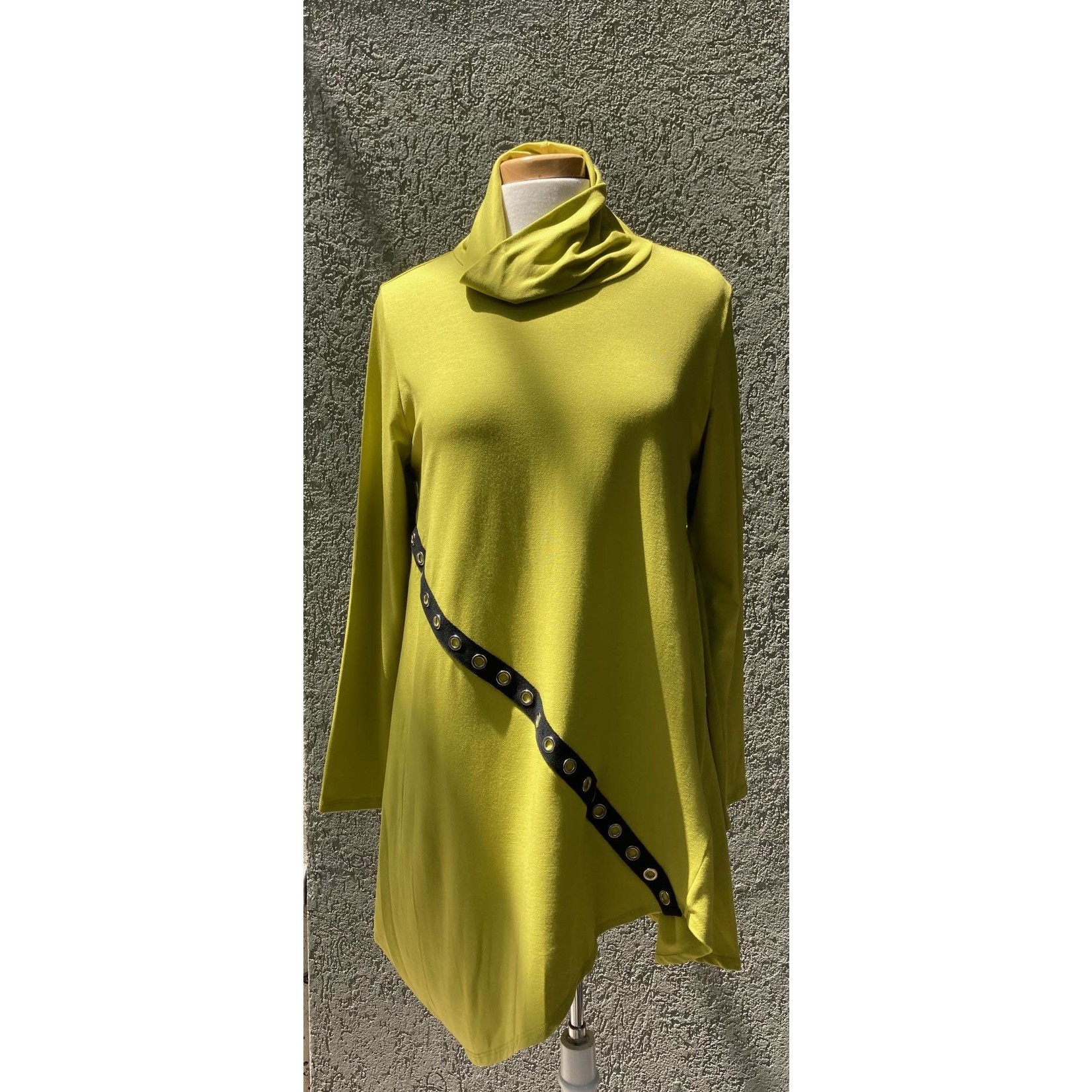Chartreuse Asymmetrical Tunic w/ Cowl Neck and Black Grommet Trim