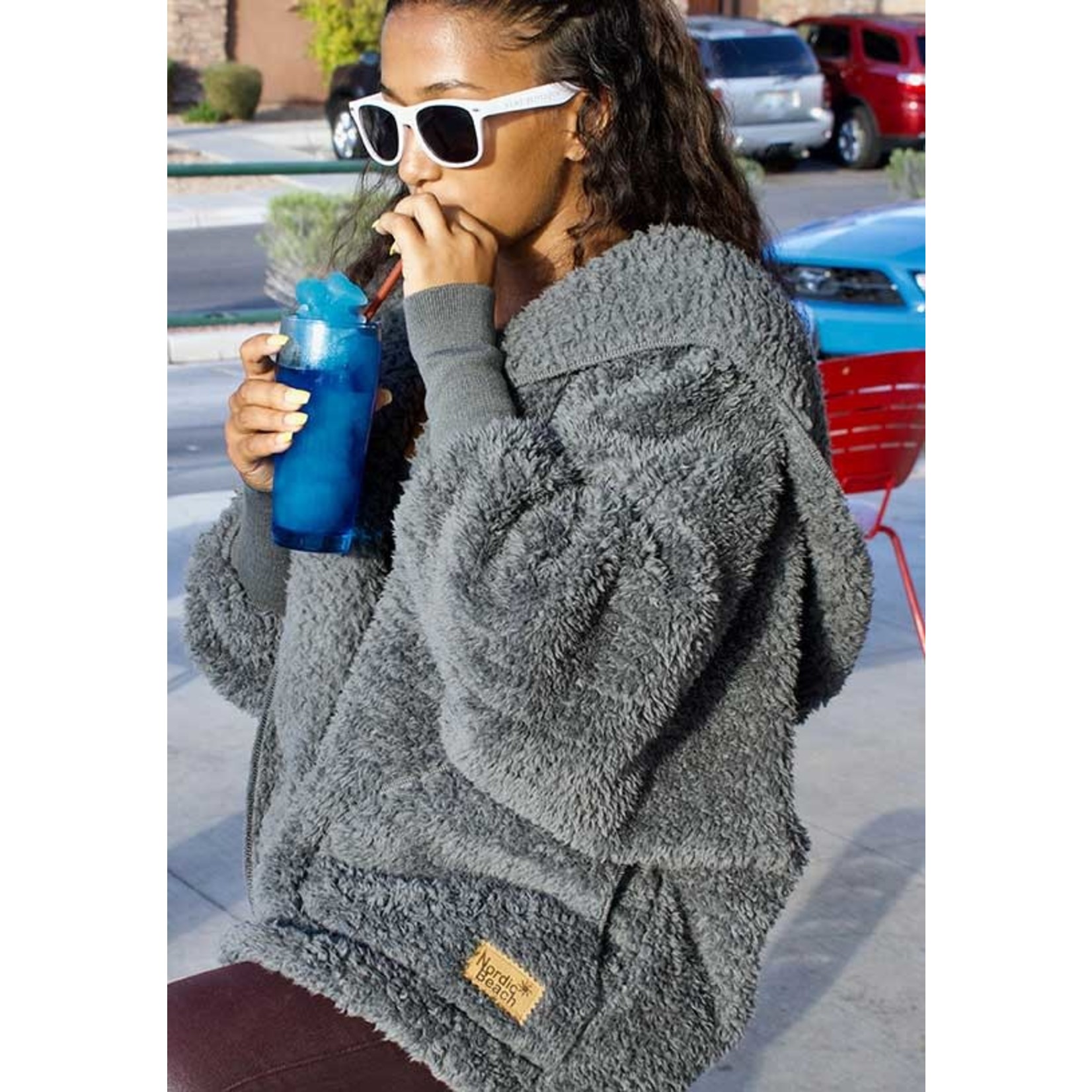 Nordic Beach Fuzzy Fleece Hooded Cardigan in Koala Grey