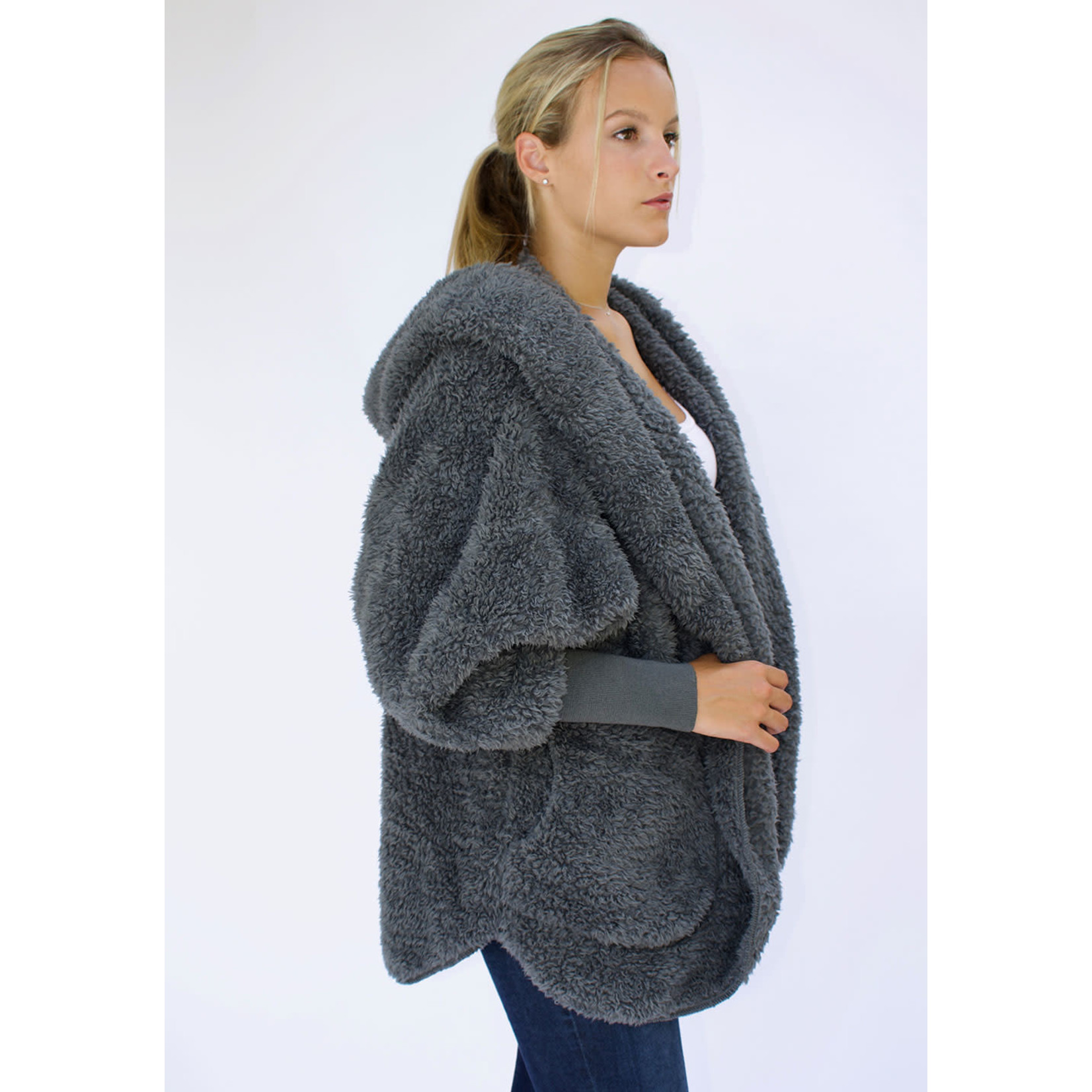 Nordic Beach Fuzzy Fleece Hooded Cardigan in Koala Grey