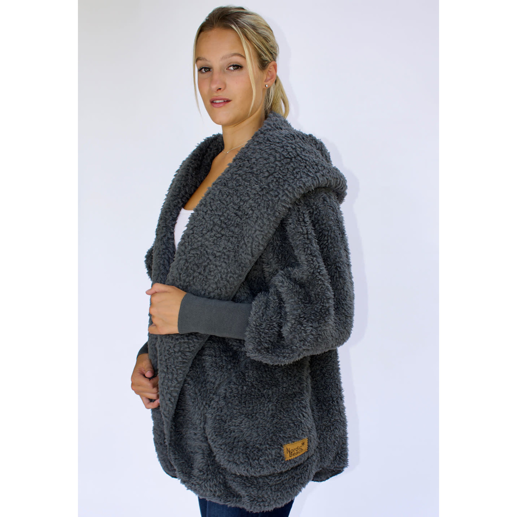 Nordic Beach Fuzzy Fleece Hooded Cardigan in Koala Grey