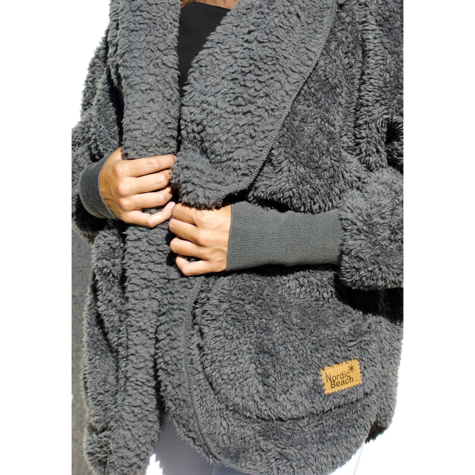 Nordic Beach Fuzzy Fleece Hooded Cardigan in Koala Grey