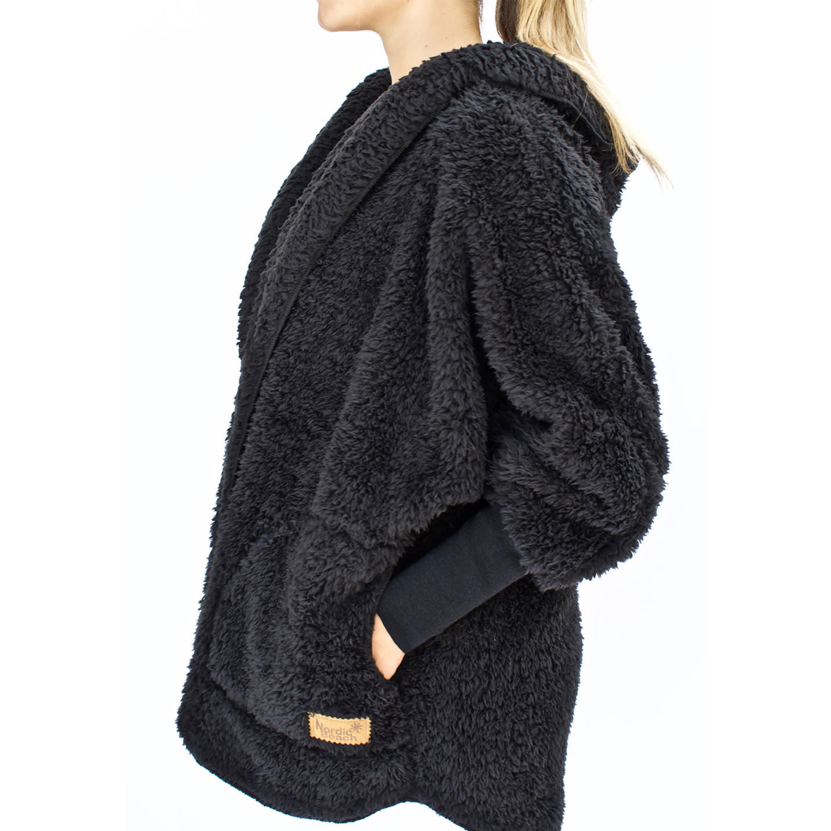 Nordic Beach Fuzzy Fleece Hooded Cardigan in Black Licorice