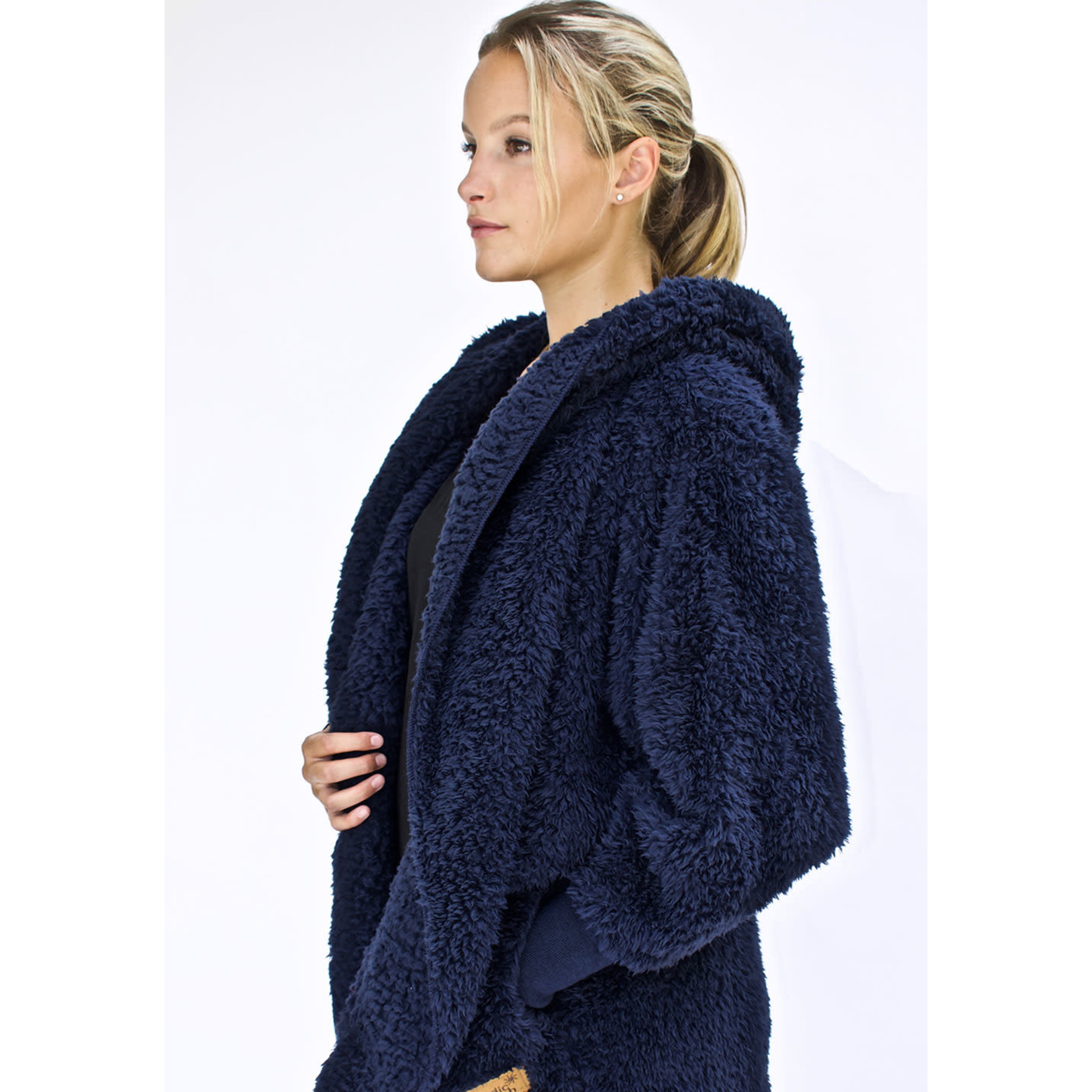 Nordic Beach Fuzzy Fleece Hooded Cardigan in Midnight Navy