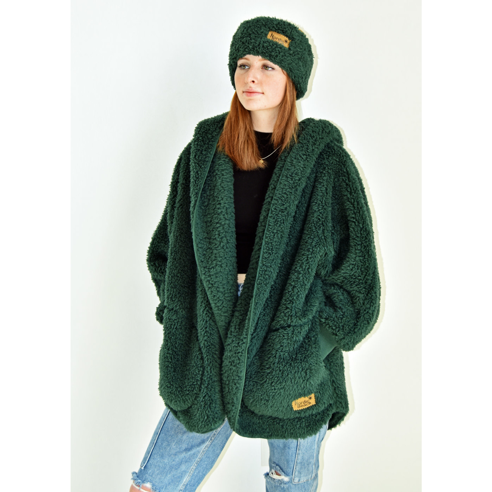 Nordic Beach Fuzzy Fleece Hooded Cardigan in Emerald Forest