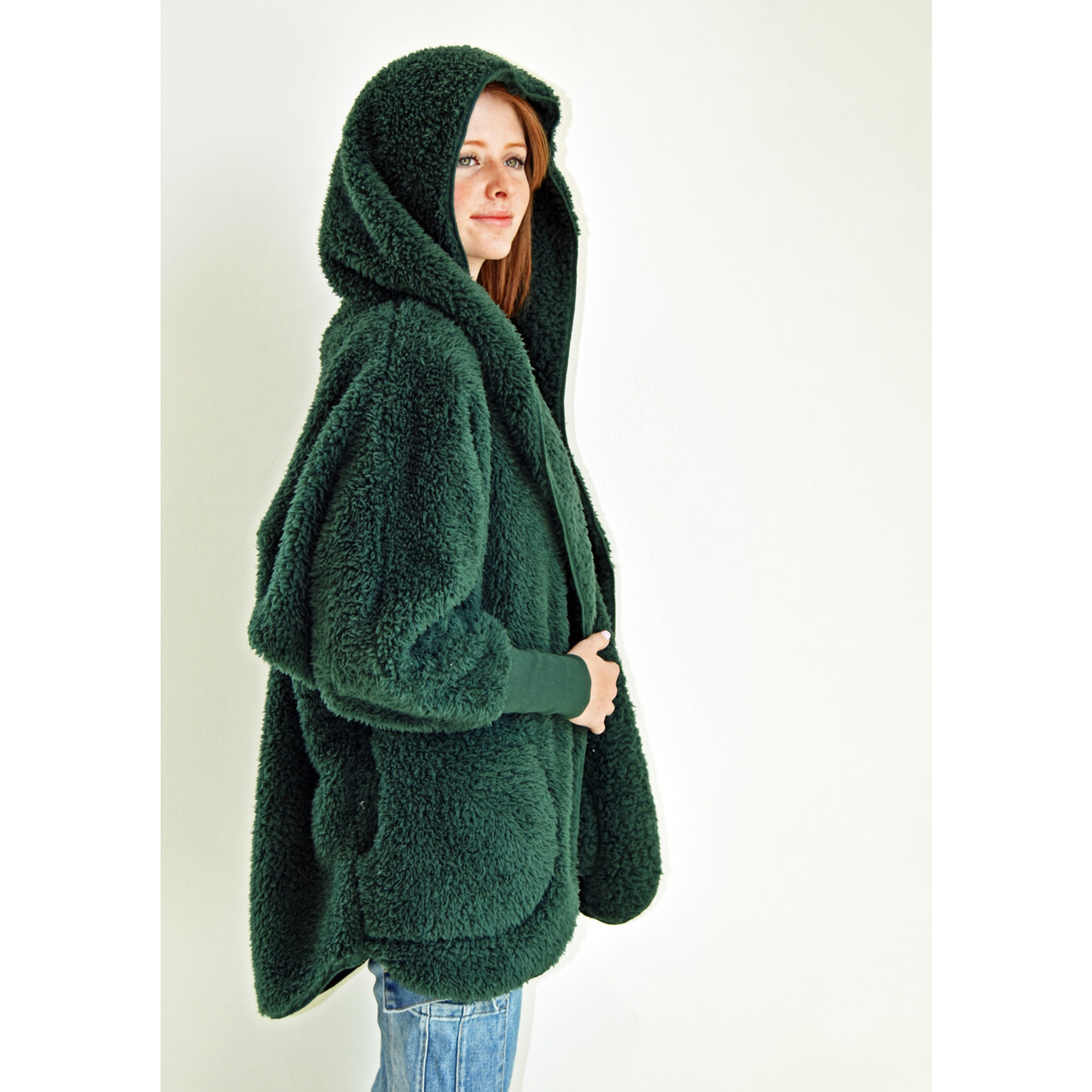 Nordic Beach Fuzzy Fleece Hooded Cardigan in Emerald Forest